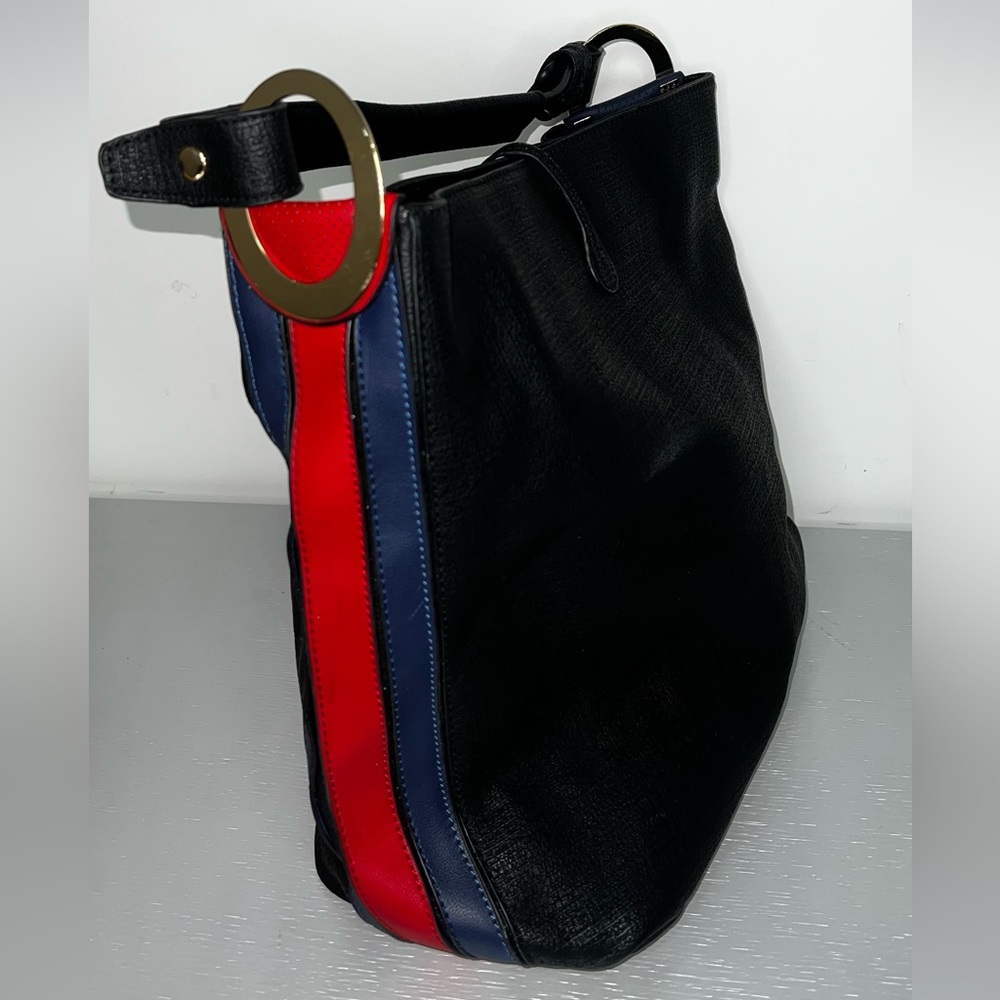 Black handbag with red and blue line